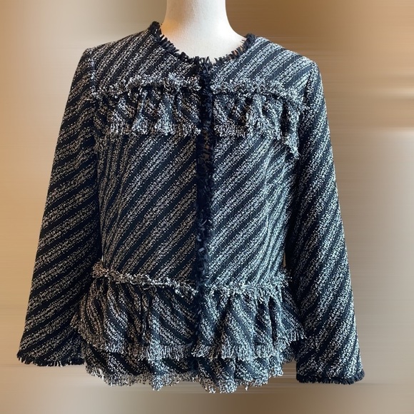 Ann Taylor Tweed Boucle Fringe Layered Peplum Jacket Black/White - Picture 3 of 10